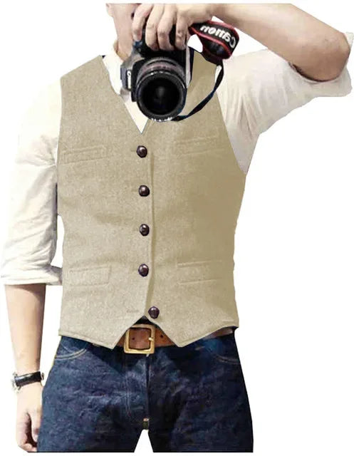 Mens Suit Vest Tweed Retro V Neck Wool Herringbone Waistcoat for Prom Single Breasted Males Dress Suit Vest Plus Size
