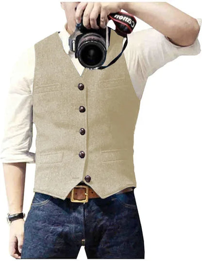 Mens Suit Vest Tweed Retro V Neck Wool Herringbone Waistcoat for Prom Single Breasted Males Dress Suit Vest Plus Size