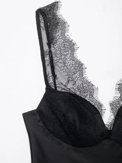 Elegant Women Lace Splice Sexy Satin Sling Tops 2026 Spring Summer Fashion Female V-Neck Backless Slimming Underwear Vest