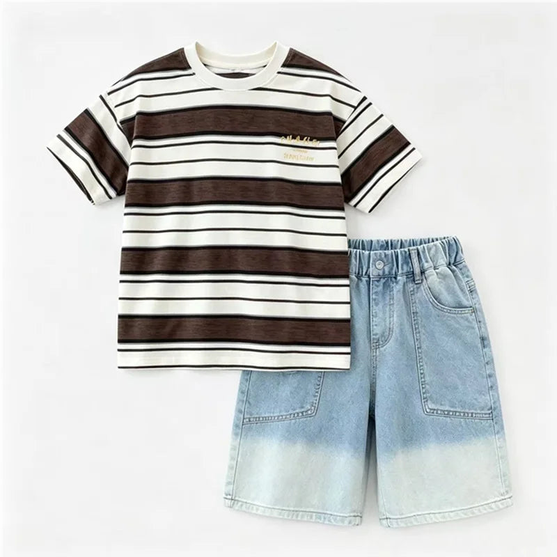 Luxury Summer Suit for Boy Short Sleeve Striped T-shirt + Denim Shorts 2 Pieces Clothing Set Kids Children Cotton Top Bottom Set