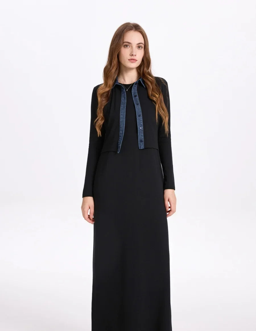 AS AW25 new design ribbing cardigan with denim collar + sleeveless maxi dress matching set for woman clothes