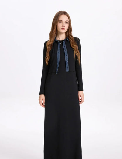 AS AW25 new design ribbing cardigan with denim collar + sleeveless maxi dress matching set for woman clothes
