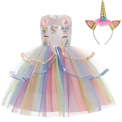 Dreamy Girl Embroidery Sleeveless Unicorn Mesh Princess Dress With Hair Hoop Wing For Kids Party Performance Birthday Gift 2-10T