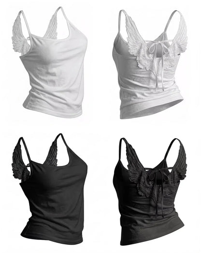 Angel Wings Vest 3D Embossed Wings Embroidery Spaghetti Strap Vest Y2K Women Gothic Fashion Summer Sexy Slim Backless Short Top