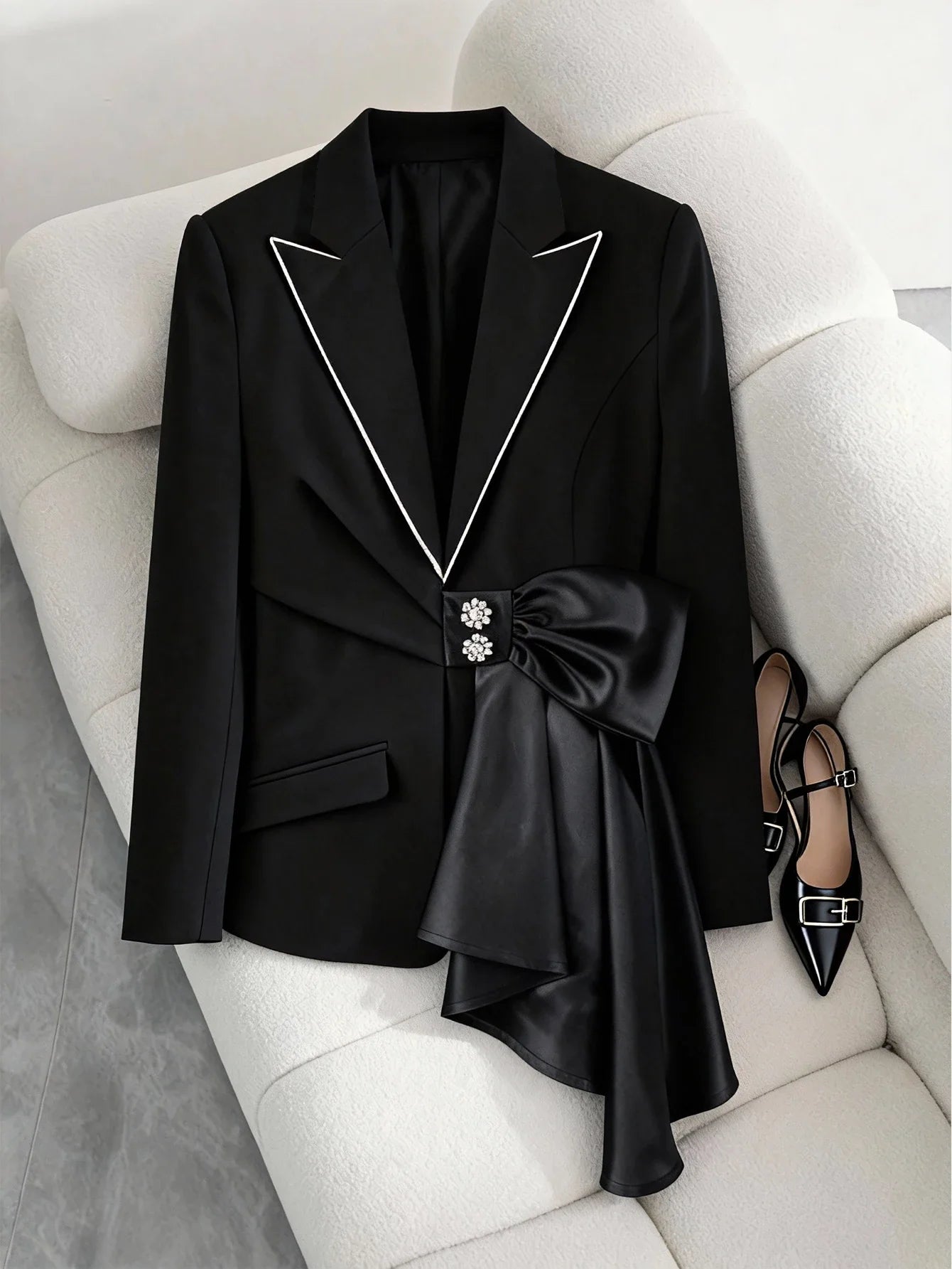 Elegant Black Blazer for Women with Satin Bow Detail and Diamond Button Stylish Formal Special Occasions and Evening Events Suit