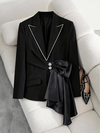 Elegant Black Blazer for Women with Satin Bow Detail and Diamond Button Stylish Formal Special Occasions and Evening Events Suit