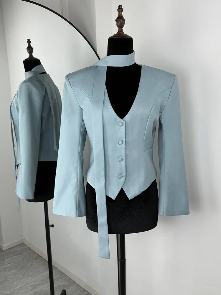 Single Breasted Coat Women's V Neck Scarf With Long Sleeve Waist-Cinching Blazer Jacket Lady Casual Slim Commute Coat