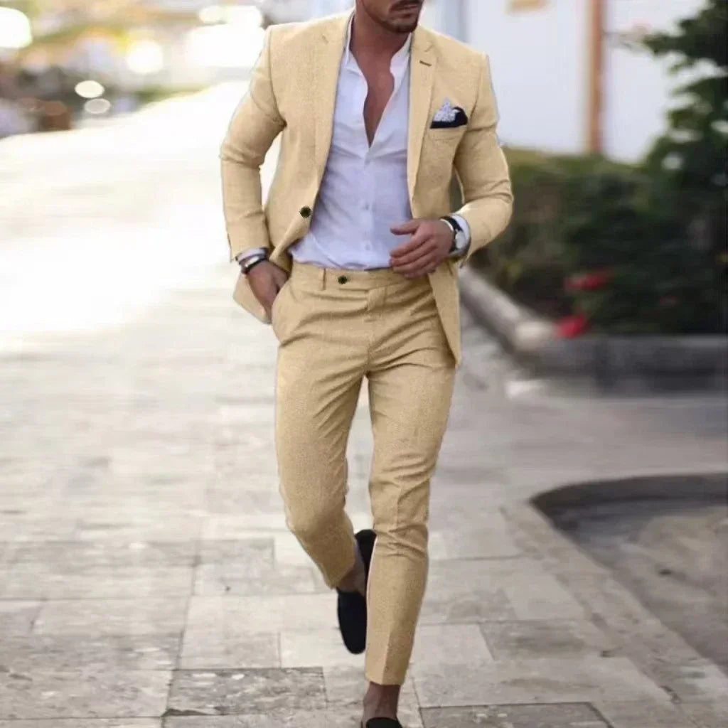 Casual Linen Tuxedo Suits for Men 2 Pieces Blazer and Pants Set Notched Lapel Men's Suit for Wedding Summer Beach Prom Party