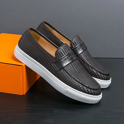 Fashion Slip On Loafers Men Shoes Board Soft Casual Leather Shoes Men Sneakers Party Weave Pattern Shoes For Man Flat Free