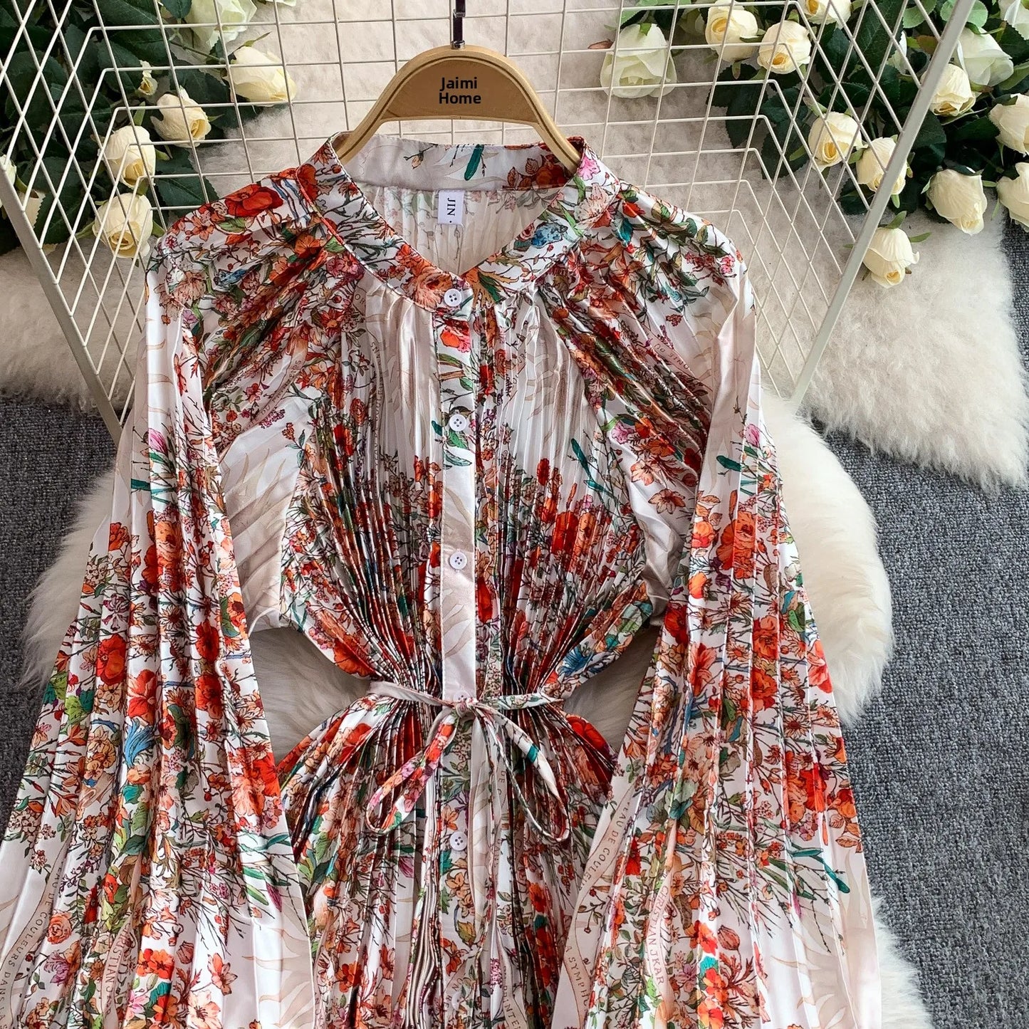 Ele Printed round Ne Lantern Sve Dr Women's Single Button Waist Cinch Maxi Skirt Long Dr Commute Sle Autumn