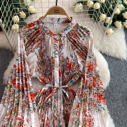Ele Printed round Ne Lantern Sve Dr Women's Single Button Waist Cinch Maxi Skirt Long Dr Commute Sle Autumn