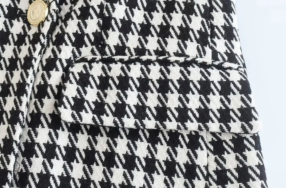 Women Fashion Double Breasted Houndstooth Blazer Coat Vintage Long Sleeve Flap Pockets Female Outerwear Chic Vestes