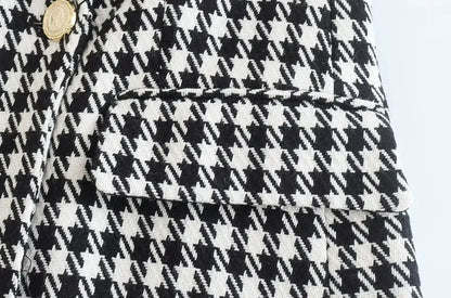 Women Fashion Double Breasted Houndstooth Blazer Coat Vintage Long Sleeve Flap Pockets Female Outerwear Chic Vestes