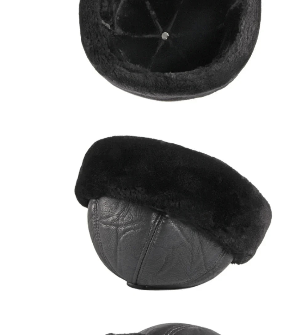 High Quality Autumn Winter Cap Hat PU Leather Thick Warm Pilot Hat Solid Black Fleece Lined Russian Cap 6 Panels Fur Hat