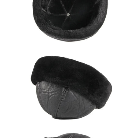 High Quality Autumn Winter Cap Hat PU Leather Thick Warm Pilot Hat Solid Black Fleece Lined Russian Cap 6 Panels Fur Hat