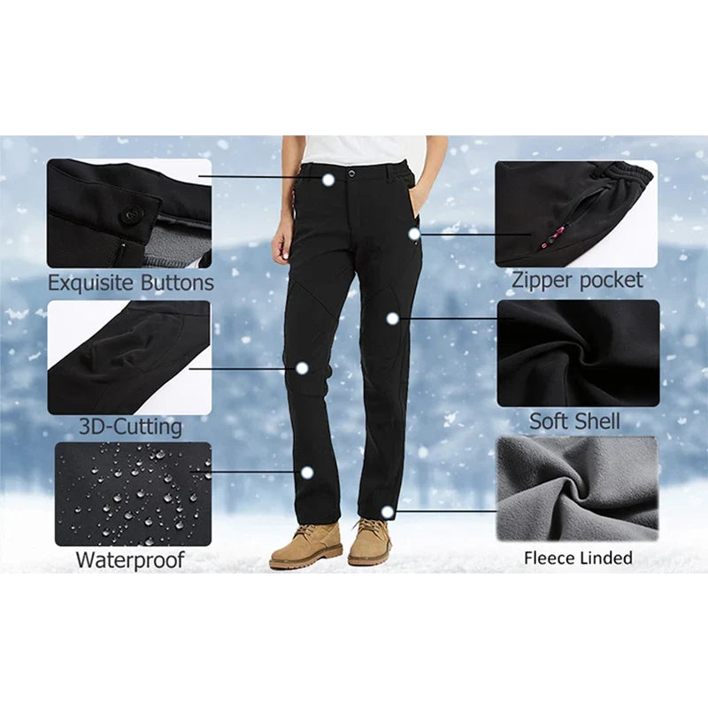 Women's Outdoor Hiking Pants Fleece Slim Soft Shell Snow Ski Pants Trekking Waterproof Windproof Winter