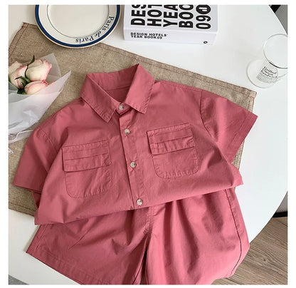 Summer Baby Boys Cotton Stylish Plain Pink Short Sleeve Shirt Top+Shorts Pant Set Kids 2PCS Suit Children Vacation Outfit 1-8Yr