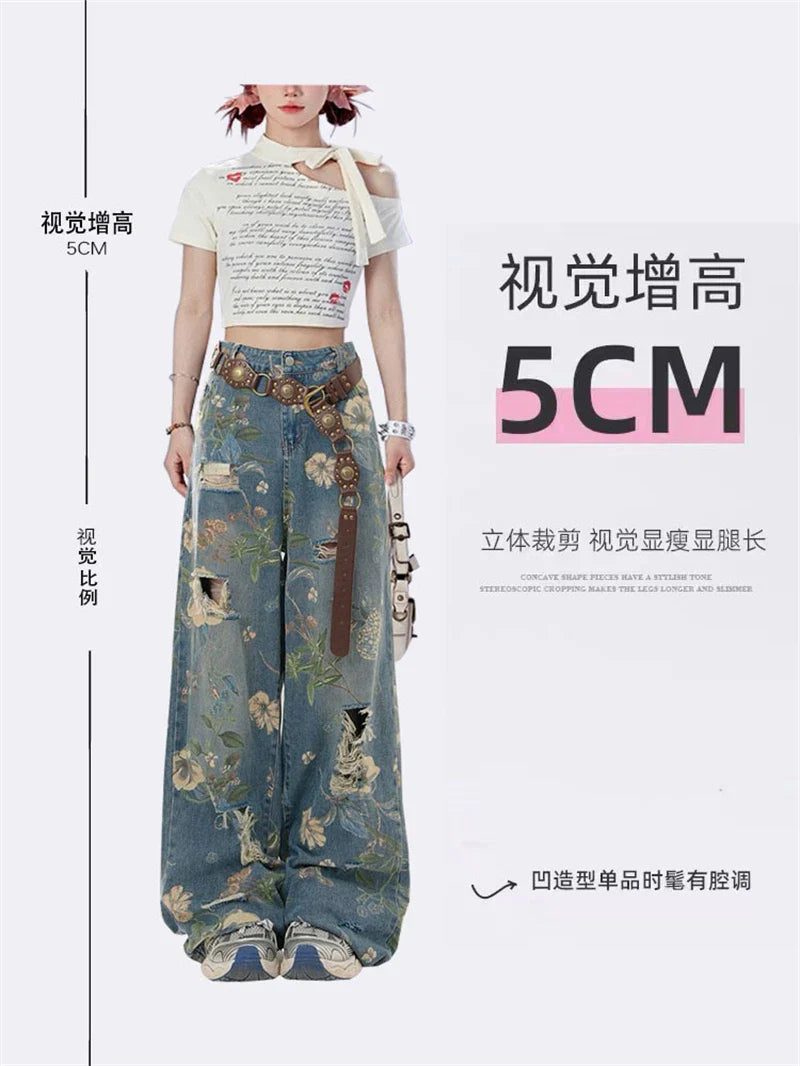 Women Y2k Graphic Print Ripped Jeans Baggy Harajuku 90s Aesthetic Denim Trousers Vintage Japanese 2000s Style Trashy Jean Pants