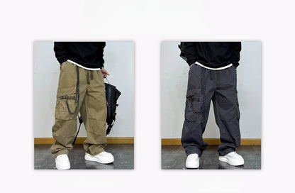 American Premium Cargo Pants Mens Pleated Baggy Multi Pocket Streetwear Oversized Straight Leg Casual Spring Fall Trendy Male