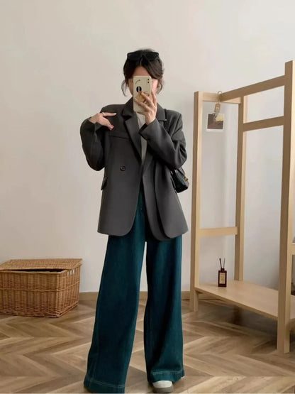 Spring Women Blazer Office Lady New Suits Female Vintage Breasted Jacket Casual Pockets Women's Suits Coat Blazers Suits