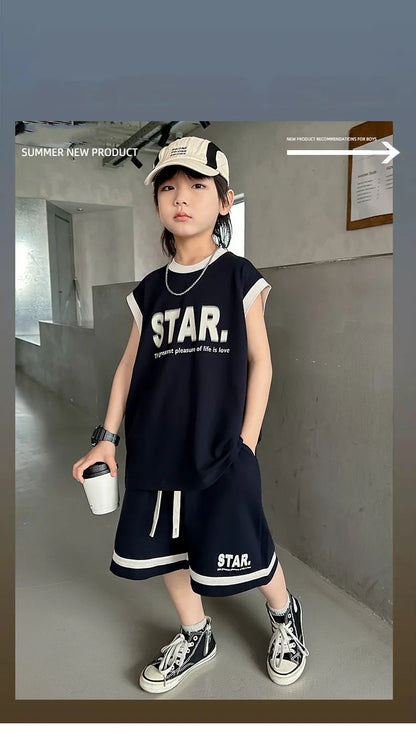 Summer Boys Alphabet Tee Top+Shorts Student Team Jerseys Workout Set School Kids 2PCS Tracksuit Children Jogging Outfit 5-16 Yr