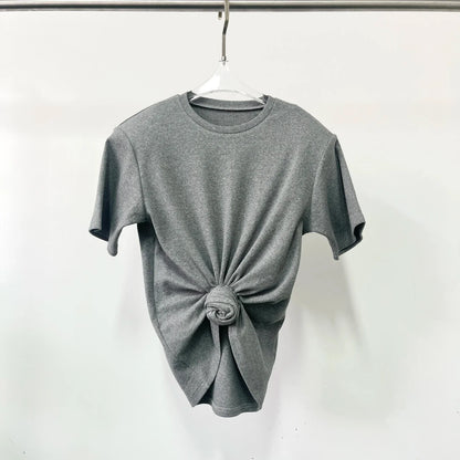 Y2K knotted twist knitted threaded round neck Top women fashionable and versatile navel padded shoulder short-sleeved T-shirt