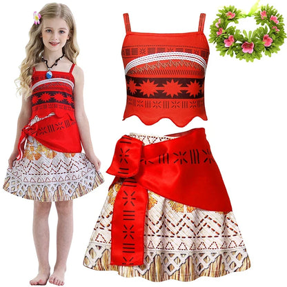 New Dress Girls Princess Clothes Kids Dress Up Vaiana Necklace Pig Chick Children Carnival Party Summer Costume Set 2-10T