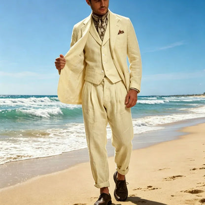 Italian Style Men's Linen 3 Piece Set Notch Lapel 2 buttons Blazer+Vest+Pants Breathable Lightweight Summer Casual Business Suit