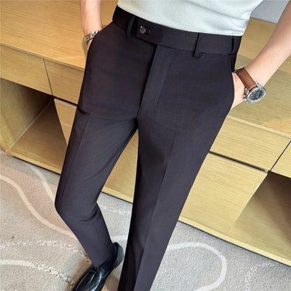 Autumn Winter Thicken Elastic Waist Casual Suit Pants High Quality Men Woven Dark Striped Slim Fit Office Social Dress Trousers