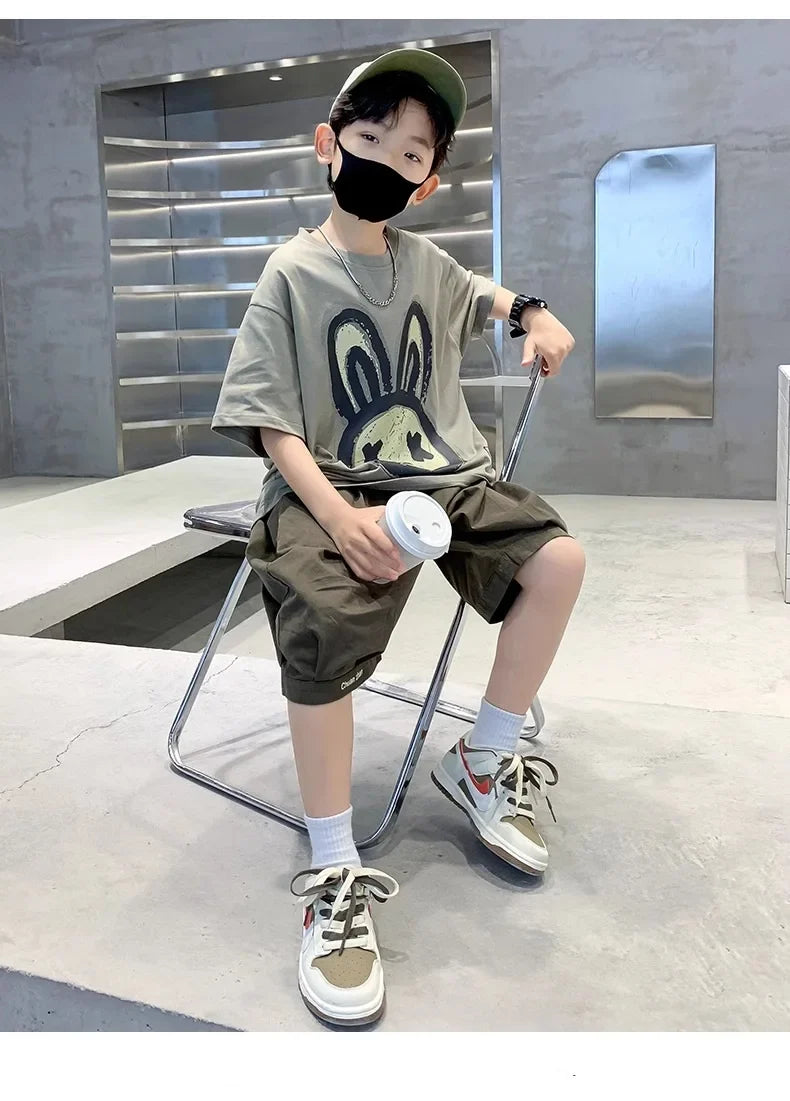 Summer Boys Cotton Leisure Cartoon Print T-Shirt Top+Shorts Pant Set School Kids 2PCS Tracksuit Children Vacation Outfit 5-16Yr