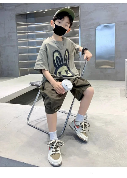 Summer Boys Cotton Leisure Cartoon Print T-Shirt Top+Shorts Pant Set School Kids 2PCS Tracksuit Children Vacation Outfit 5-16Yr