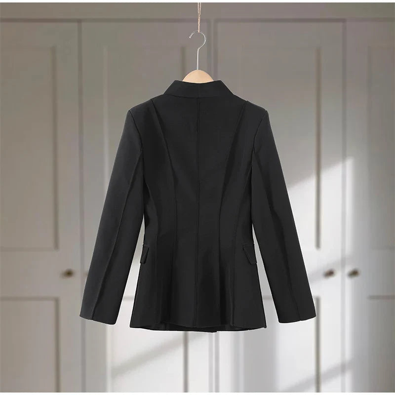 Elegant Women's Black Blazer Coat Long Sleeve Stand Collar Buckle Thick Jacket Female 2026 Spring Autumn Lady Commute Outwear