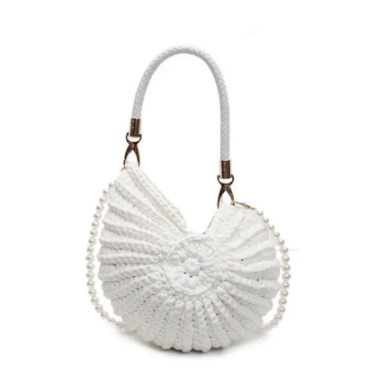 Fashion Conch Shaped Crochet Women Shoulde Bags Funny Cute Pearls Chains Handmade Weave Crossbody Bag Novelty Small Handbags