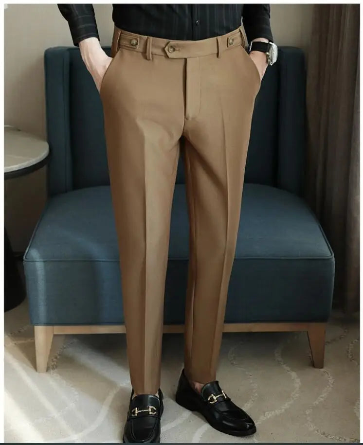 Pure Color Male Business Wedding Dress Pants Fashion Unique Design Men Waist Adjustable Suit Pant No Belt Slim Trousers Homme