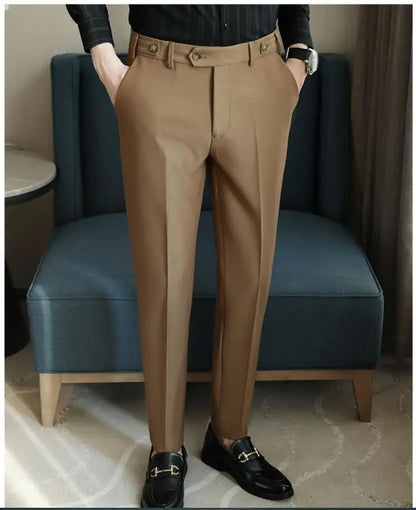 Pure Color Male Business Wedding Dress Pants Fashion Unique Design Men Waist Adjustable Suit Pant No Belt Slim Trousers Homme