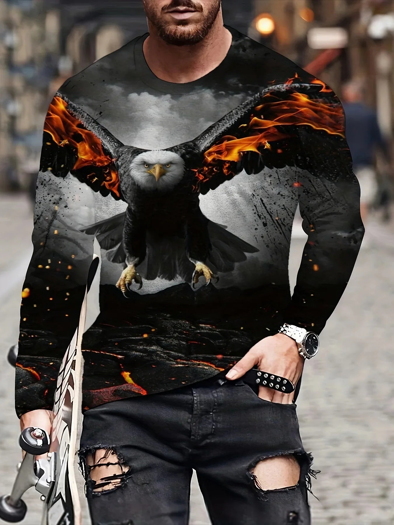 Fashion Eagle 3D Digital Printing Men's Casual Comfortable Long Sleeve T Shirt Fall Men's Patterned Clothing Tops Men's Gifts