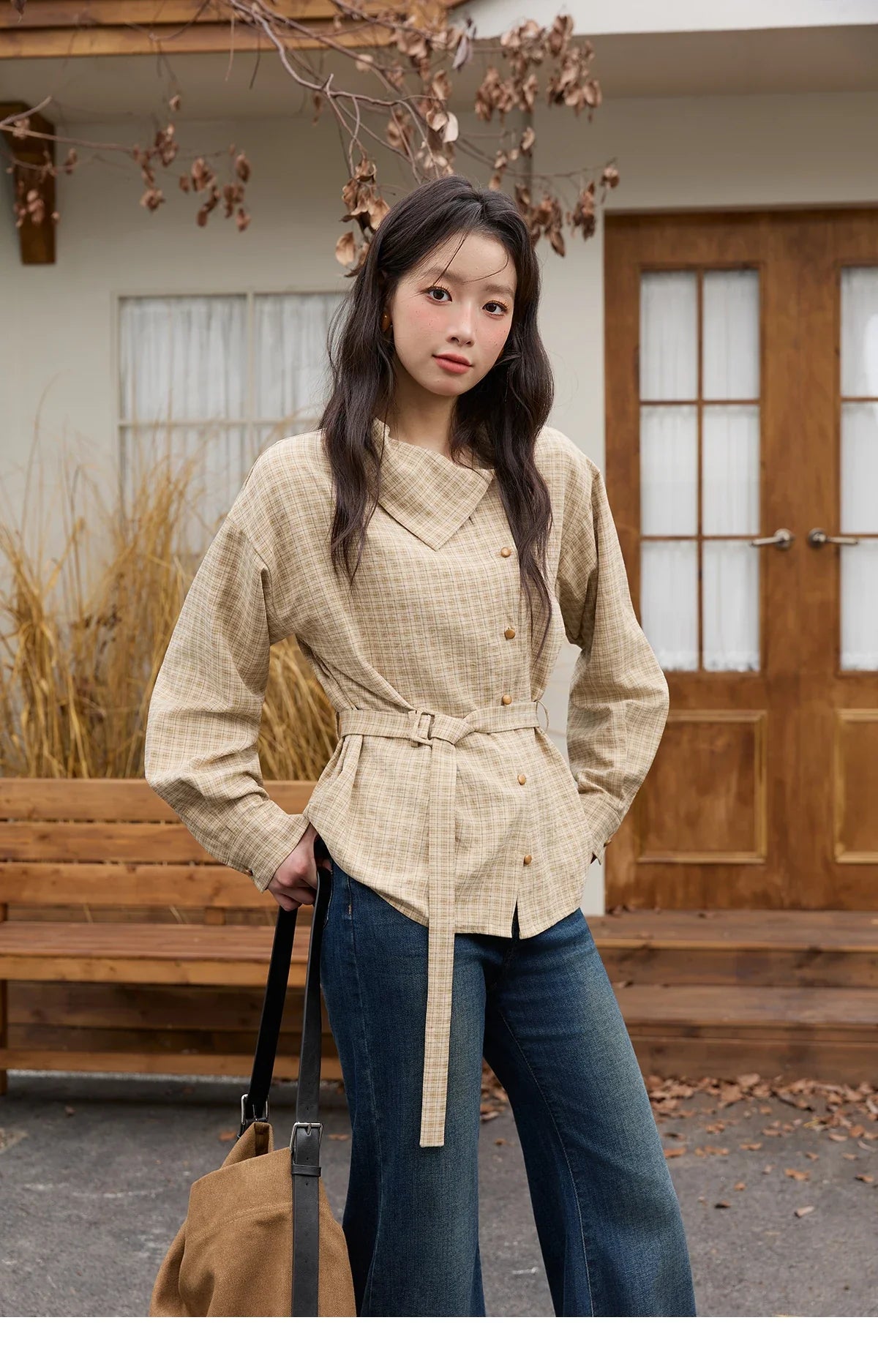 Women Casual Shirt 2025 Autumn Winter Fashion Belt Design Asymmetrical Retro Long Sleeves Shirt Women Clothes MXE88C2417