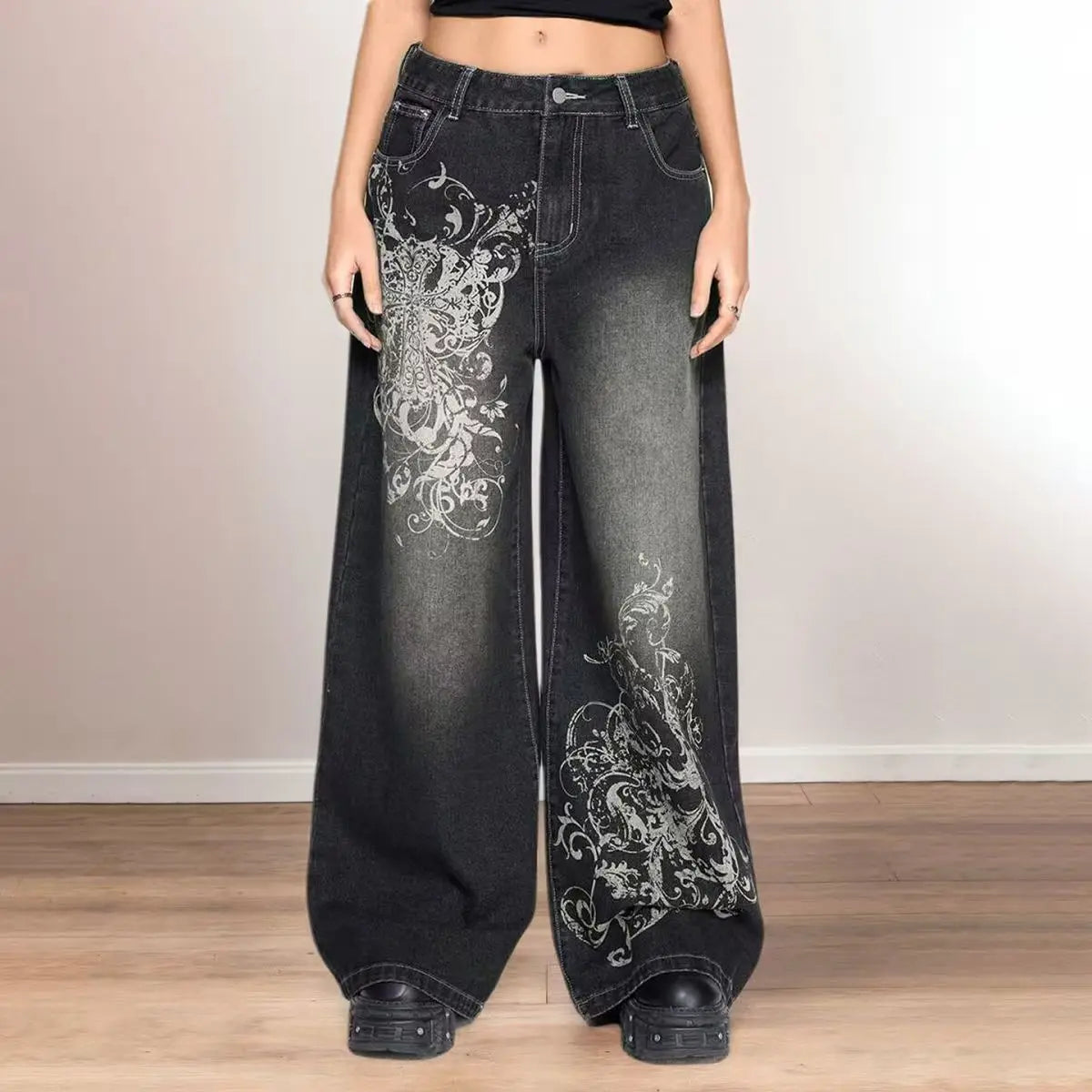 Vintage Printing Baggy Jeans Y2K Harajuku Trend Men and Women Hip Hop Fashion Casual Joker Couple Wide-leg Pants Streetwear New