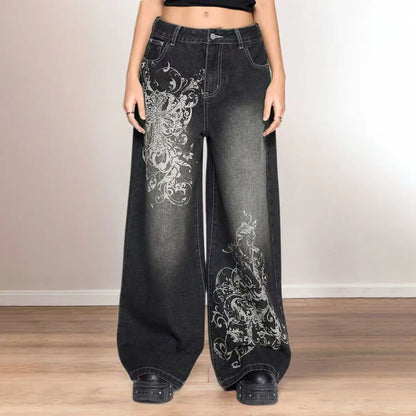 Vintage Printing Baggy Jeans Y2K Harajuku Trend Men and Women Hip Hop Fashion Casual Joker Couple Wide-leg Pants Streetwear New