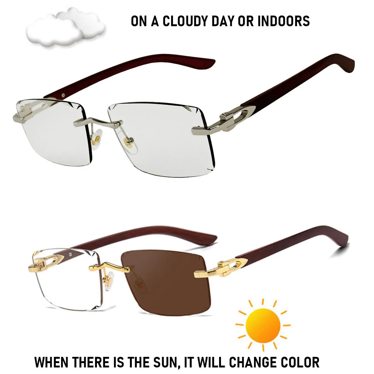 Photochromic Sunglasses Women Change Colour Rimless Sunglass Men Square Fashion Glasses UV400 Protection Wooden Shades Gafas
