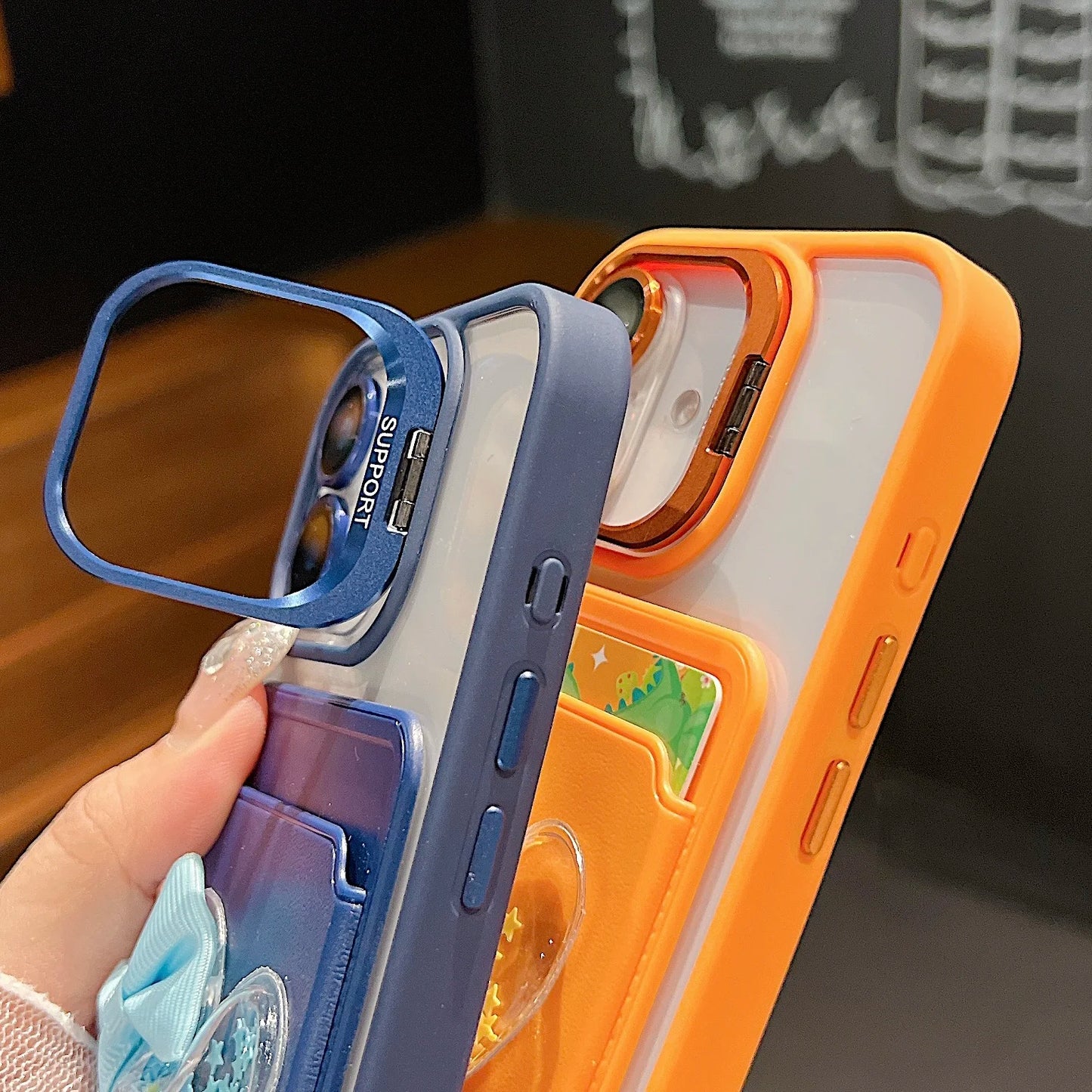 Luxury Metal Stand Exquisite Heart Card Bag Shock Proof Case for iPhone 17 16 15 14 13 12ProMax Plus Send camera protective film