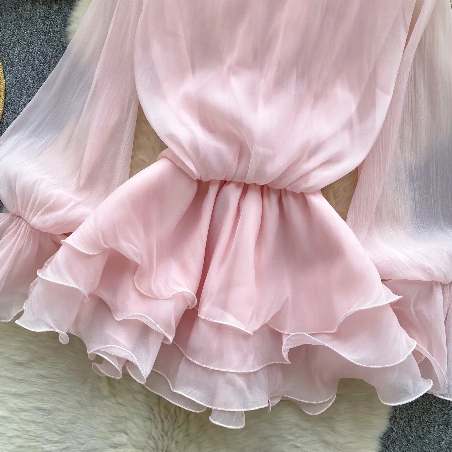 3D Floral Beach Short Dress Female Long Sleeves Lace Up Ruffle Chiffon Cake Sundress Sheer Sexy Vintage Bohemian Dress