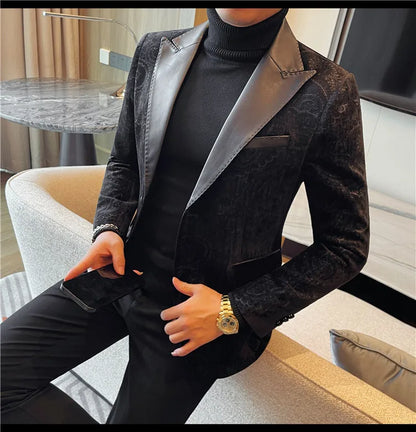 2025 Fashion Leather Neck Spliced Suit Jacket Luxury Men's Business Slim Fit Social Formal Blazers Coats Wedding Groom Tuxedos