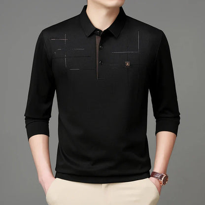 2025 Latest Autumn New Men's Long Sleeve Polo Shirt Middle Aged Business Comfortable Solid Color Men's Collar T-shirt