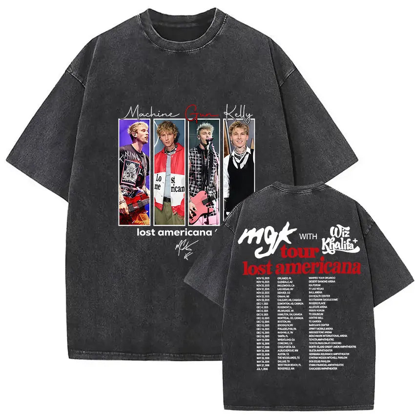 MGK Lost Americana Tour 2025-2026 Vintage Washed T Shirt Men Women Summer Fashion Cotton Short Sleeve T-shirt Fans Gift Clothing