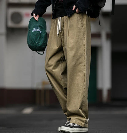 Spring Summer Cargo Pants Men Cotton Enzyme Wash Distressed Loose Fit Straight Leg Khaki Drawstring Elastic Waist Casual Pants