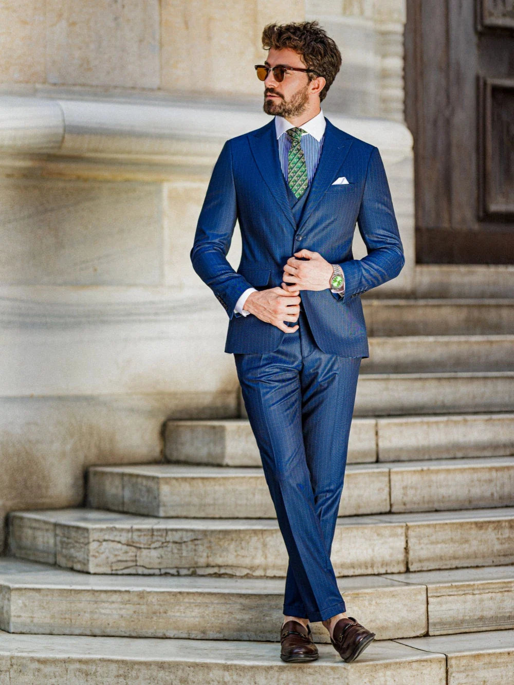 Blue Striped Tuxedo Blazer Vest Pants 3 Pieces For Formal Occasion Handsome Modern Peak Lapel Men's Business Suit Set Customized
