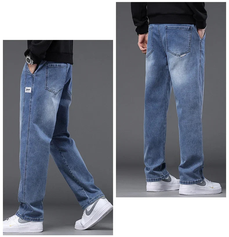 Autumn Winter Blue Jeans Men Drawstring Elastic Waist Cotton Cargo Denim Pants Work Fashion Thick Trousers Male Plus Size M-4XL