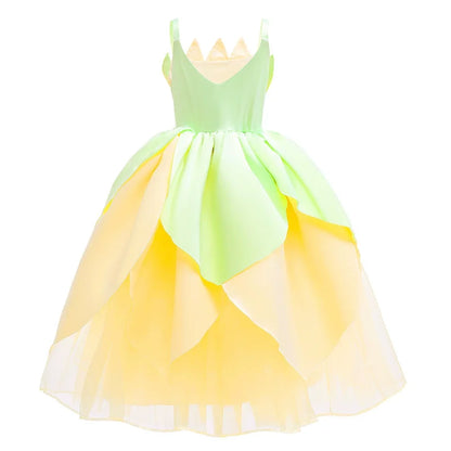 Girls Cosplay Tiana Yellow Short-Sleeved Fluffy Princess Dress For Girl Birthday Party Princess Dress With Accessories