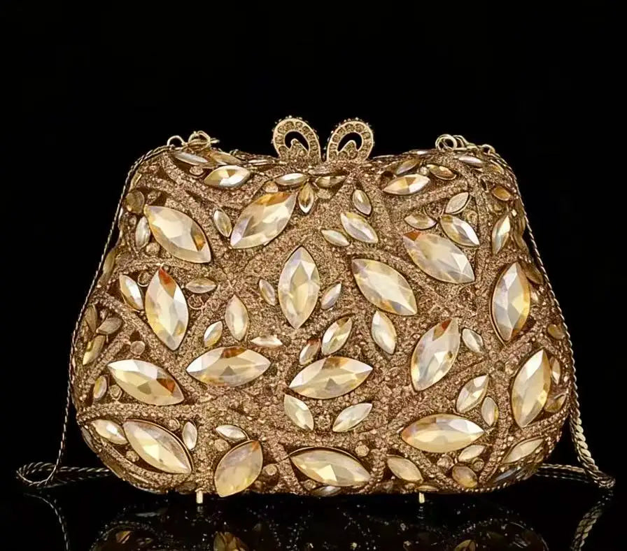 Women Elegant Brown Rhinestone Evening Bag Colorful Crystal Shoulder Clutch Fashion Bridal Handbag Wedding Party Purses